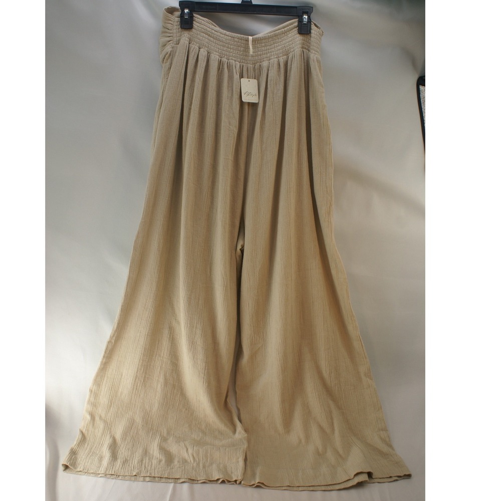Free People Wide Leg Gauze Pants Beige Tan Crossover Waist Smocked Back Boho NEW - Picture 3 of 16